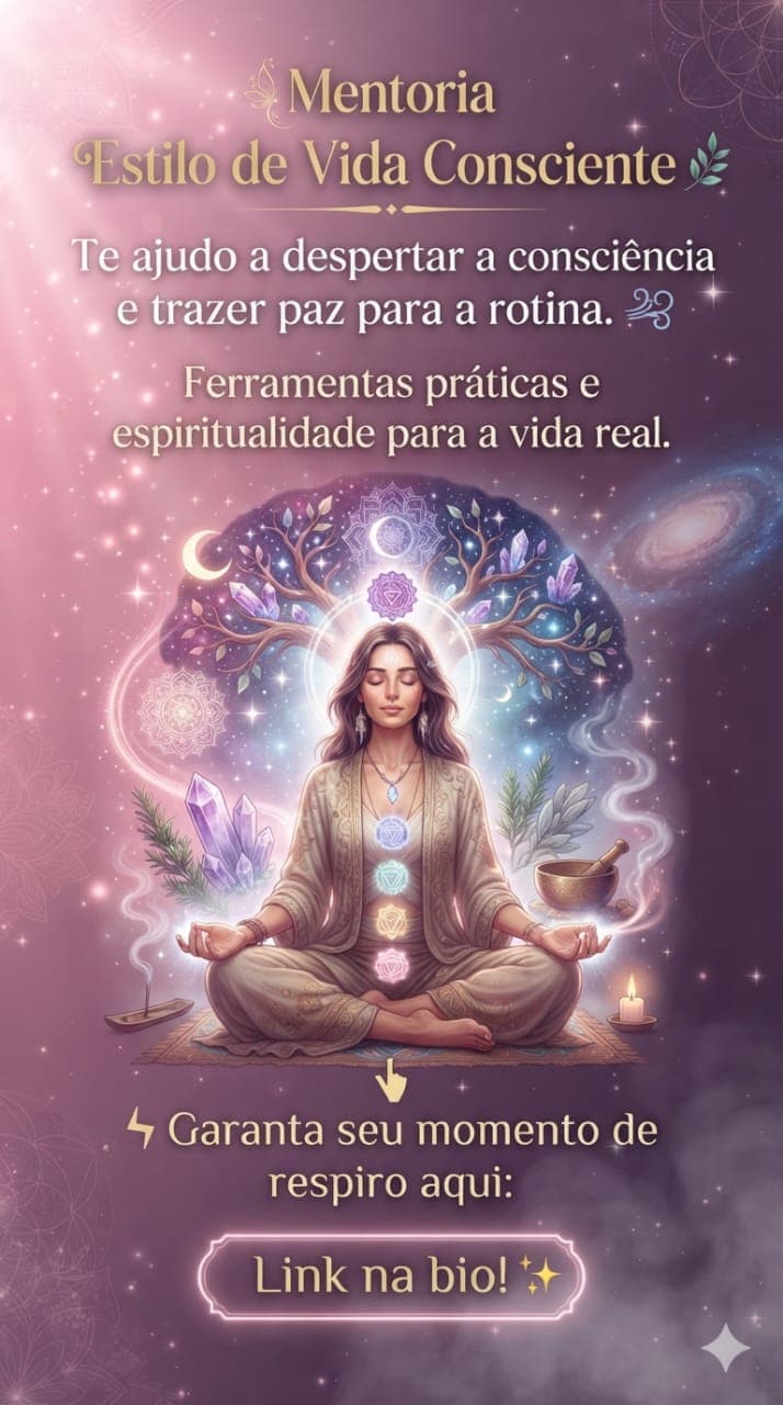Ilustração de uma mulher meditando sob a árvore da vida, com cristais e chakras iluminados