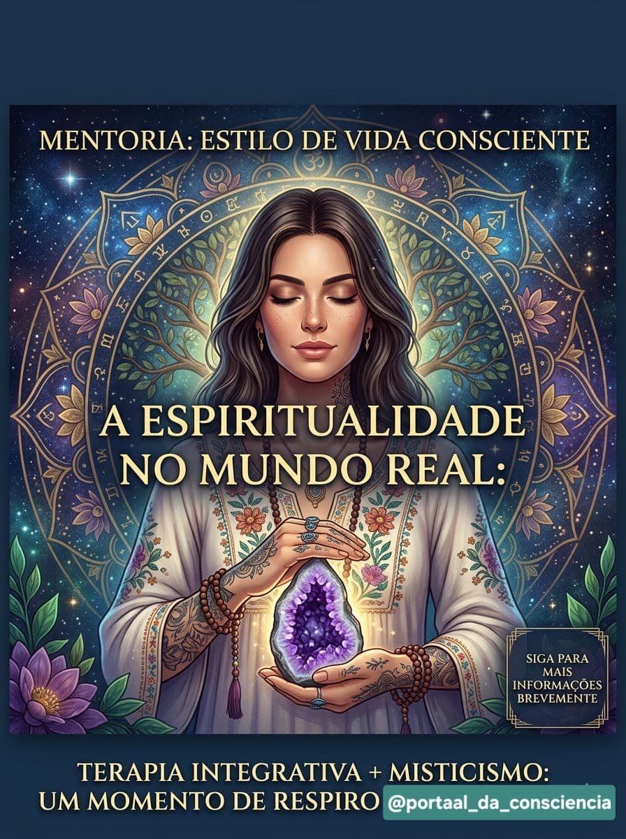 Ilustração de uma mulher em meditação, cercada por uma mandala e pela árvore da vida
